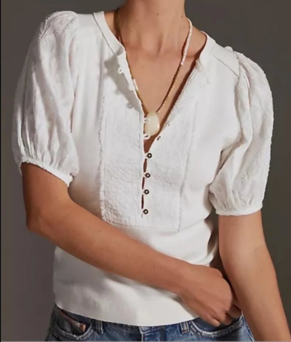 Pilcro Anthropologie Short Puff Sleeve Henley Ribbed Top White Medium